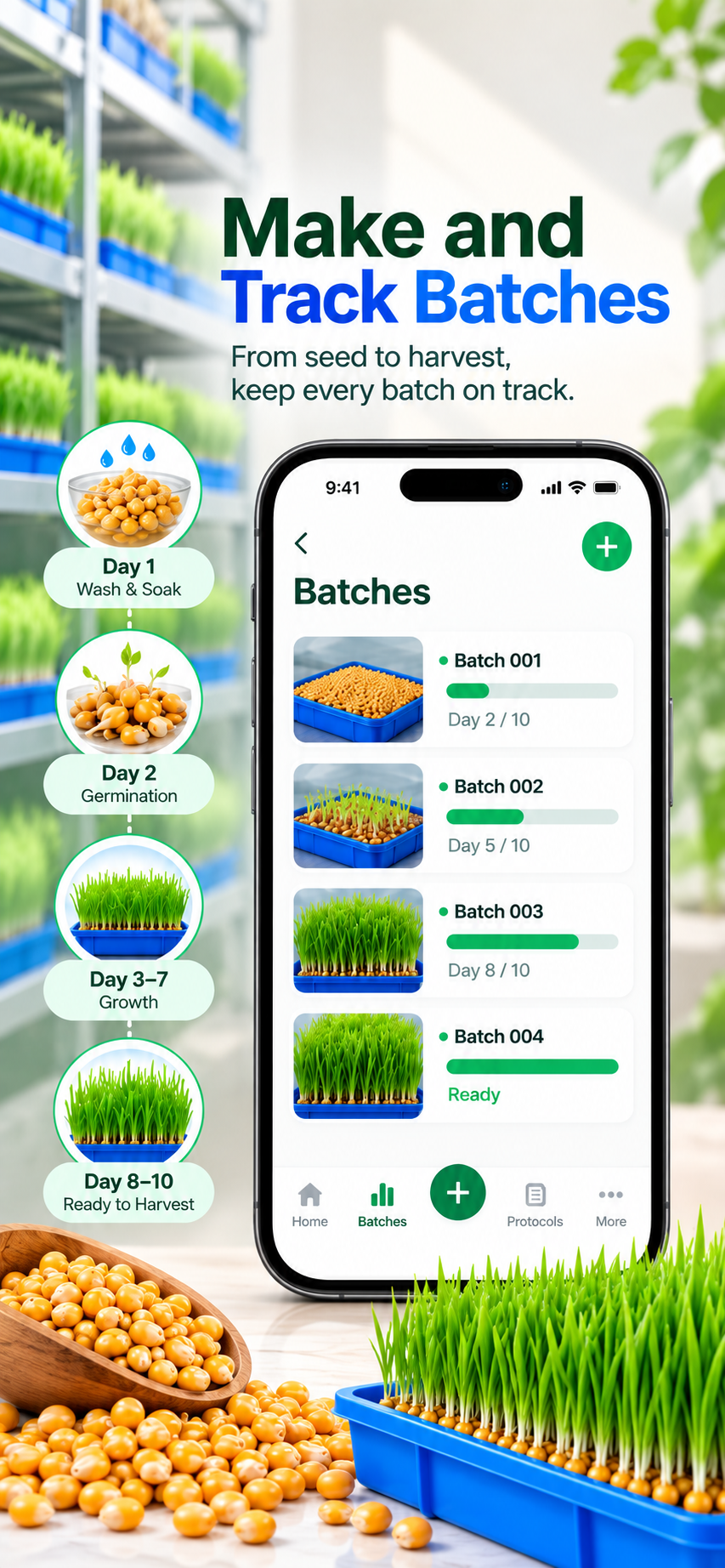FodrPulse batch tracking screen, showing wash and soak through harvest