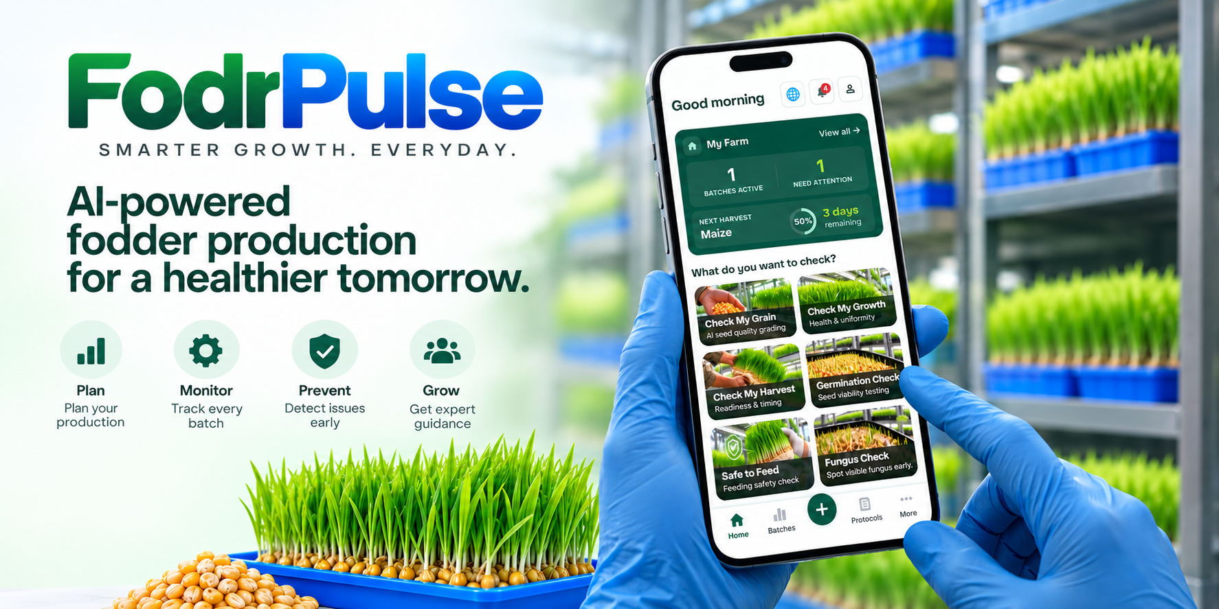 FodrPulse app dashboard used in a hydroponic fodder production unit